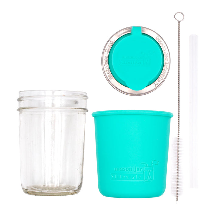 Mason Jar Lifestyle 8oz Half Pint Pop Up Sippy Glass Bottle Half Pint with Silicone Sleeve