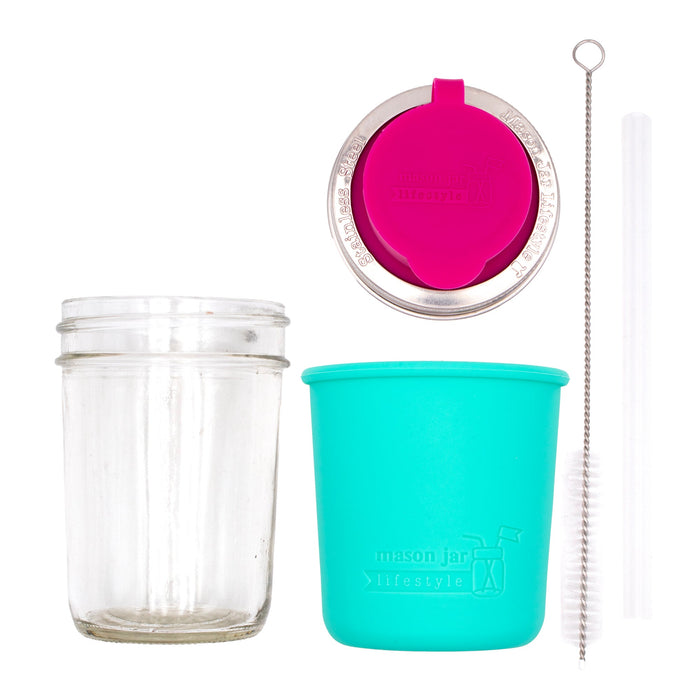 Mason Jar Lifestyle 8oz Half Pint Pop Up Sippy Glass Bottle Half Pint with Silicone Sleeve