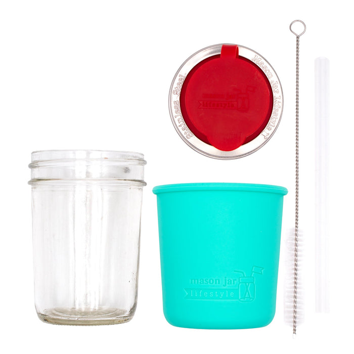 Mason Jar Lifestyle 8oz Half Pint Pop Up Sippy Glass Bottle Half Pint with Silicone Sleeve