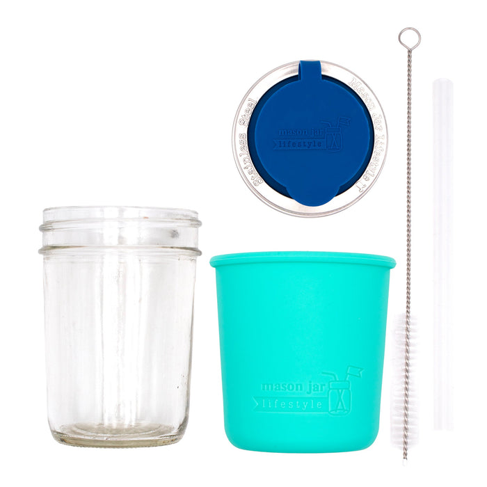 Mason Jar Lifestyle 8oz Half Pint Pop Up Sippy Glass Bottle Half Pint with Silicone Sleeve