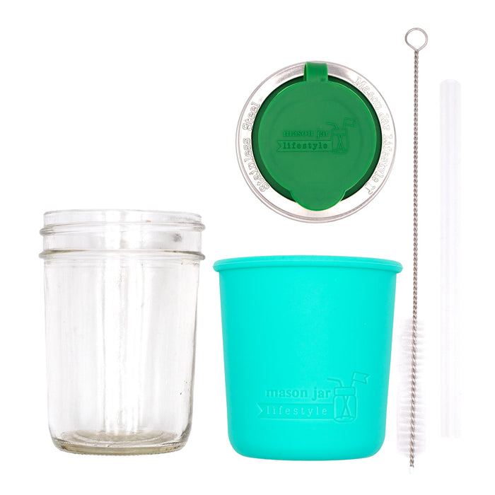 Mason Jar Lifestyle 8oz Half Pint Pop Up Sippy Glass Bottle Half Pint with Silicone Sleeve