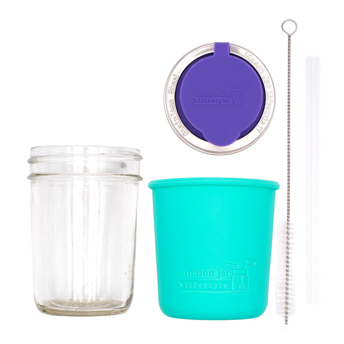 Mason Jar Lifestyle 8oz Half Pint Pop Up Sippy Glass Bottle Half Pint with Silicone Sleeve