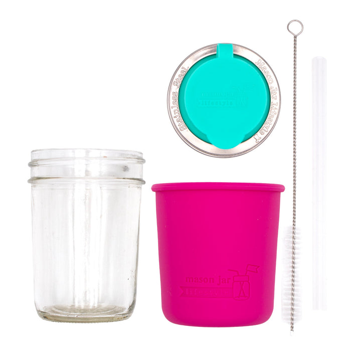 Mason Jar Lifestyle 8oz Half Pint Pop Up Sippy Glass Bottle Half Pint with Silicone Sleeve