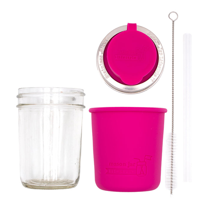 Mason Jar Lifestyle 8oz Half Pint Pop Up Sippy Glass Bottle Half Pint with Silicone Sleeve