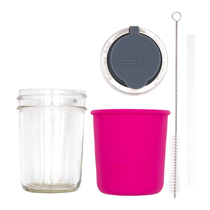 Mason Jar Lifestyle 8oz Half Pint Pop Up Sippy Glass Bottle Half Pint with Silicone Sleeve