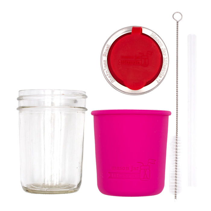 Mason Jar Lifestyle 8oz Half Pint Pop Up Sippy Glass Bottle Half Pint with Silicone Sleeve