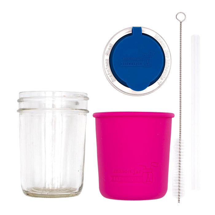 Mason Jar Lifestyle 8oz Half Pint Pop Up Sippy Glass Bottle Half Pint with Silicone Sleeve