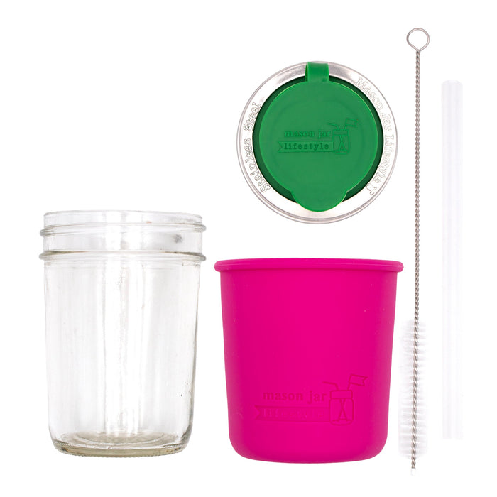 Mason Jar Lifestyle 8oz Half Pint Pop Up Sippy Glass Bottle Half Pint with Silicone Sleeve