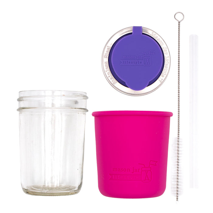 Mason Jar Lifestyle 8oz Half Pint Pop Up Sippy Glass Bottle Half Pint with Silicone Sleeve