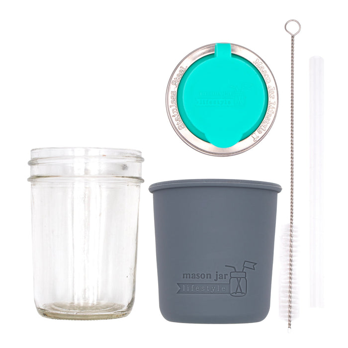 Mason Jar Lifestyle 8oz Half Pint Pop Up Sippy Glass Bottle Half Pint with Silicone Sleeve