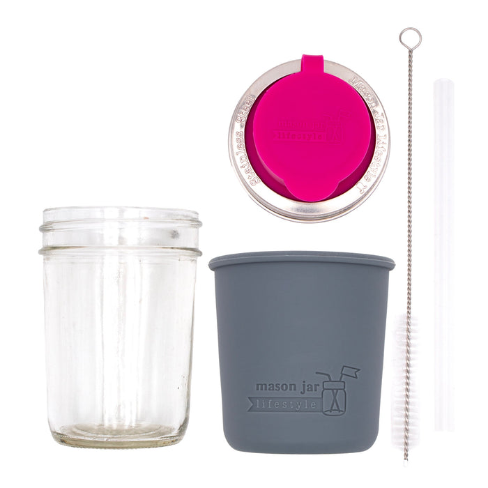 Mason Jar Lifestyle 8oz Half Pint Pop Up Sippy Glass Bottle Half Pint with Silicone Sleeve