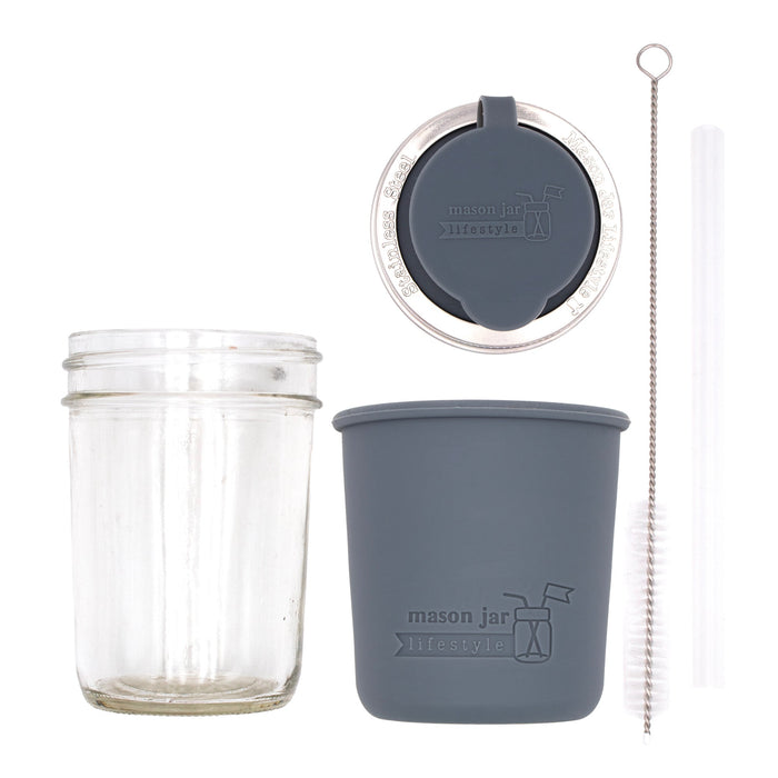 Mason Jar Lifestyle 8oz Half Pint Pop Up Sippy Glass Bottle Half Pint with Silicone Sleeve