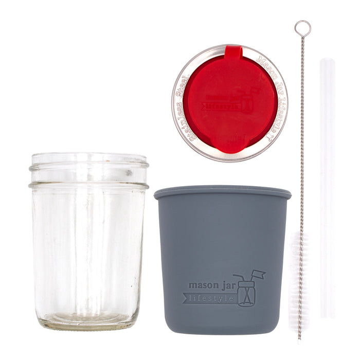 Mason Jar Lifestyle 8oz Half Pint Pop Up Sippy Glass Bottle Half Pint with Silicone Sleeve