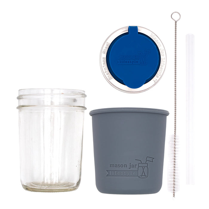 Mason Jar Lifestyle 8oz Half Pint Pop Up Sippy Glass Bottle Half Pint with Silicone Sleeve