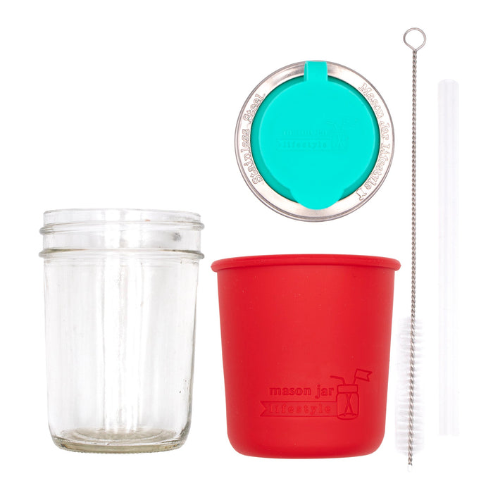 Mason Jar Lifestyle 8oz Half Pint Pop Up Sippy Glass Bottle Half Pint with Silicone Sleeve