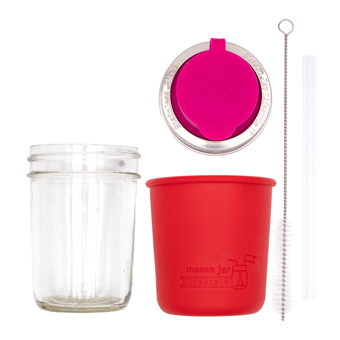 Mason Jar Lifestyle 8oz Half Pint Pop Up Sippy Glass Bottle Half Pint with Silicone Sleeve