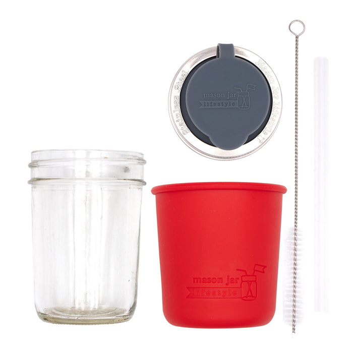 Mason Jar Lifestyle 8oz Half Pint Pop Up Sippy Glass Bottle Half Pint with Silicone Sleeve