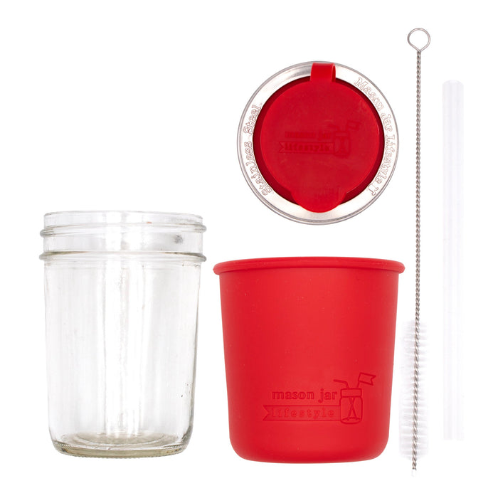 Mason Jar Lifestyle 8oz Half Pint Pop Up Sippy Glass Bottle Half Pint with Silicone Sleeve