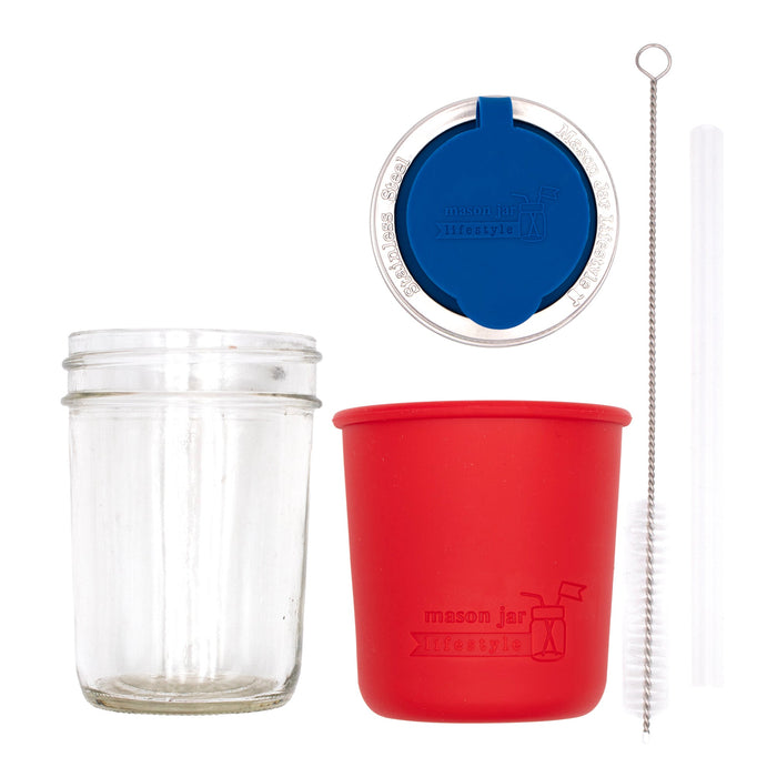 Mason Jar Lifestyle 8oz Half Pint Pop Up Sippy Glass Bottle Half Pint with Silicone Sleeve