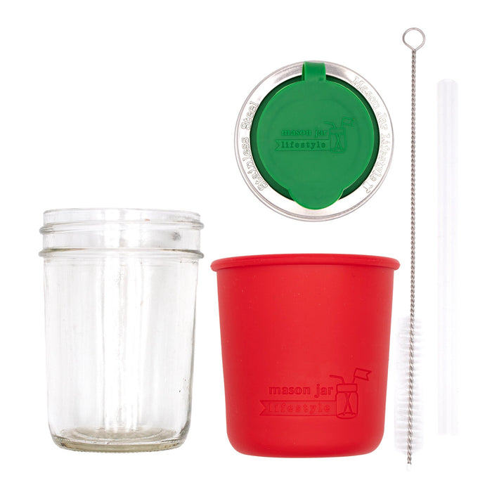 Mason Jar Lifestyle 8oz Half Pint Pop Up Sippy Glass Bottle Half Pint with Silicone Sleeve