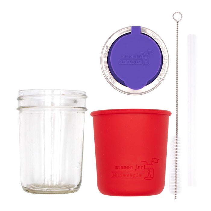 Mason Jar Lifestyle 8oz Half Pint Pop Up Sippy Glass Bottle Half Pint with Silicone Sleeve