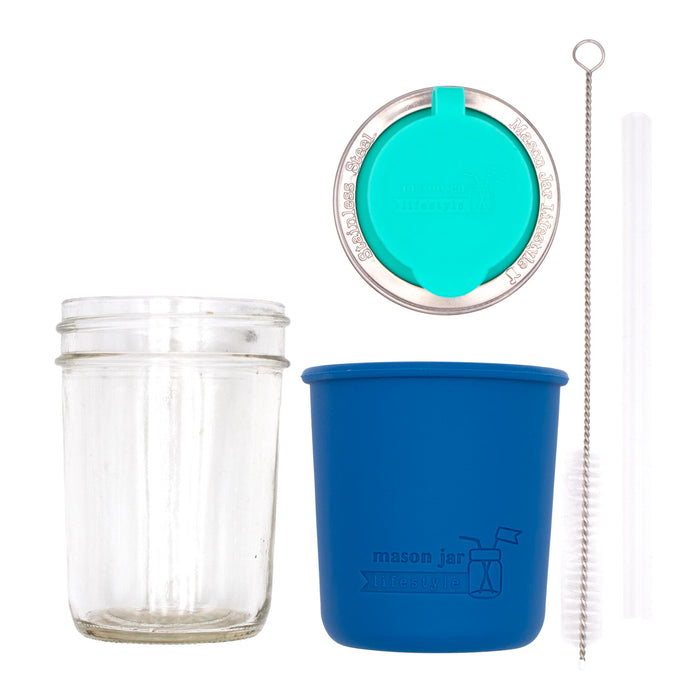 Mason Jar Lifestyle 8oz Half Pint Pop Up Sippy Glass Bottle Half Pint with Silicone Sleeve