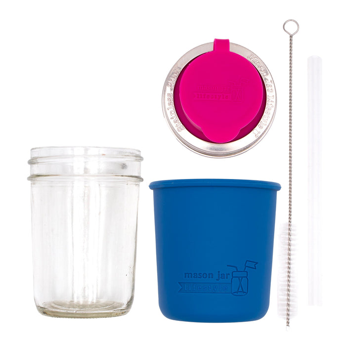 Mason Jar Lifestyle 8oz Half Pint Pop Up Sippy Glass Bottle Half Pint with Silicone Sleeve