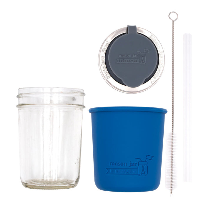 Mason Jar Lifestyle 8oz Half Pint Pop Up Sippy Glass Bottle Half Pint with Silicone Sleeve