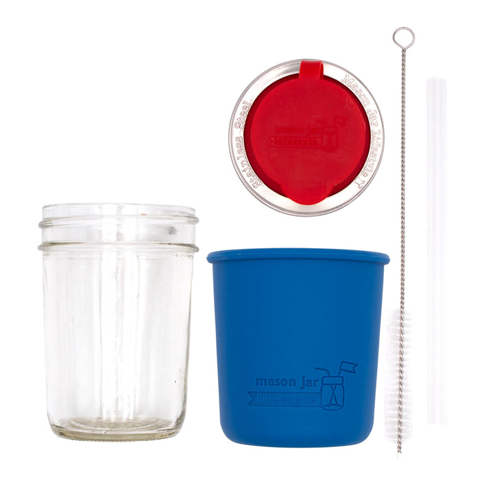 Mason Jar Lifestyle 8oz Half Pint Pop Up Sippy Glass Bottle Half Pint with Silicone Sleeve