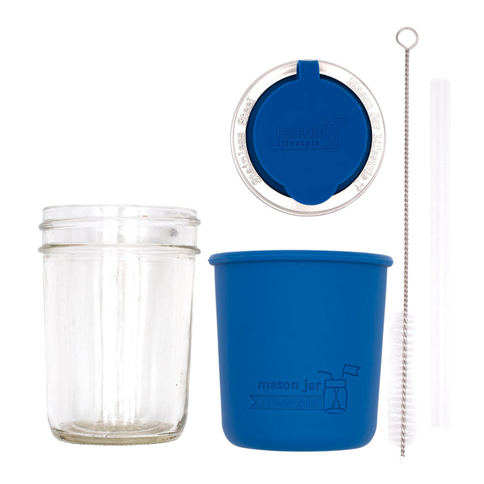 Mason Jar Lifestyle 8oz Half Pint Pop Up Sippy Glass Bottle Half Pint with Silicone Sleeve