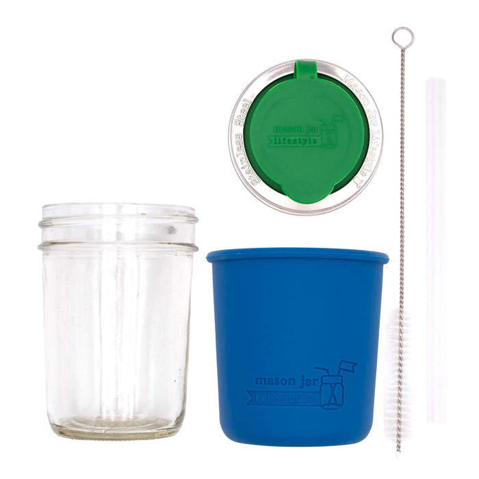 Mason Jar Lifestyle 8oz Half Pint Pop Up Sippy Glass Bottle Half Pint with Silicone Sleeve