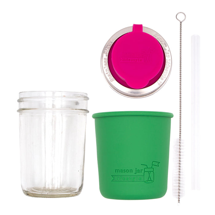 Mason Jar Lifestyle 8oz Half Pint Pop Up Sippy Glass Bottle Half Pint with Silicone Sleeve