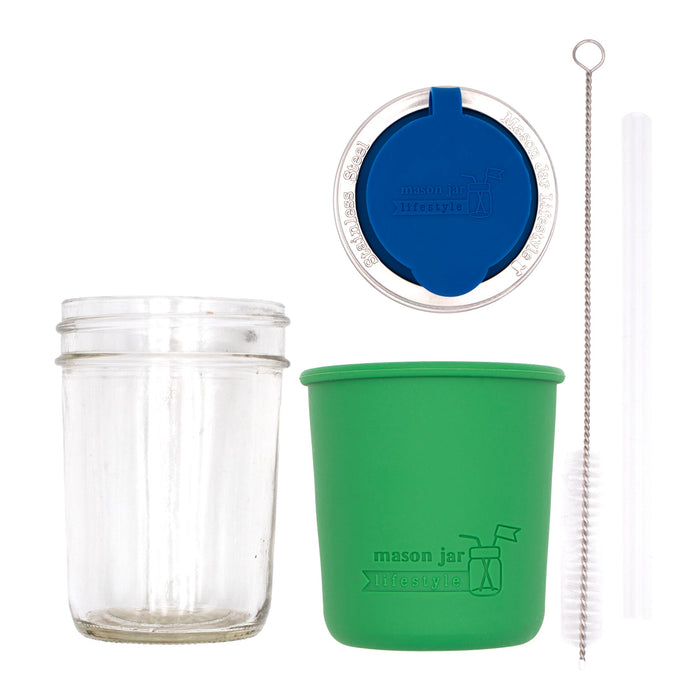 Mason Jar Lifestyle 8oz Half Pint Pop Up Sippy Glass Bottle Half Pint with Silicone Sleeve