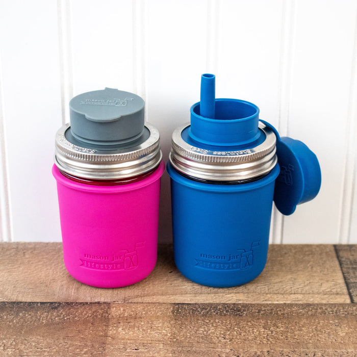 Mason Jar Lifestyle 8oz Half Pint Pop Up Sippy Glass Bottle Half Pint with Silicone Sleeve