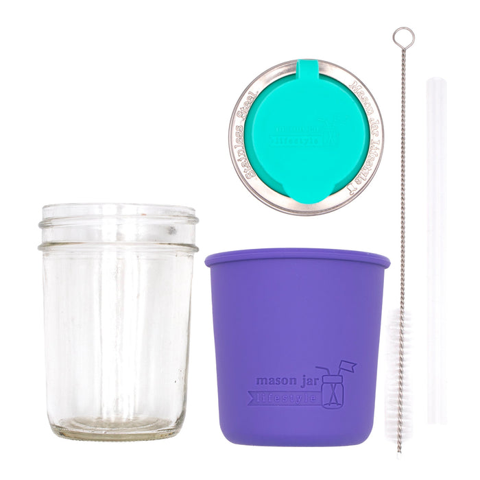 Mason Jar Lifestyle 8oz Half Pint Pop Up Sippy Glass Bottle Half Pint with Silicone Sleeve