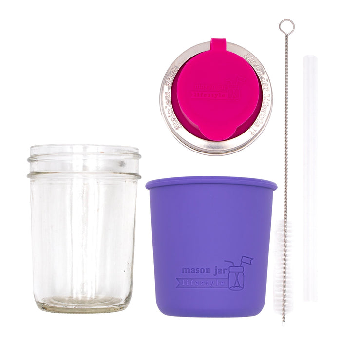 Mason Jar Lifestyle 8oz Half Pint Pop Up Sippy Glass Bottle Half Pint with Silicone Sleeve