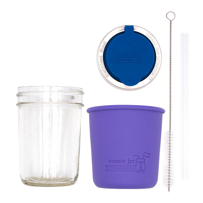 Mason Jar Lifestyle 8oz Half Pint Pop Up Sippy Glass Bottle Half Pint with Silicone Sleeve