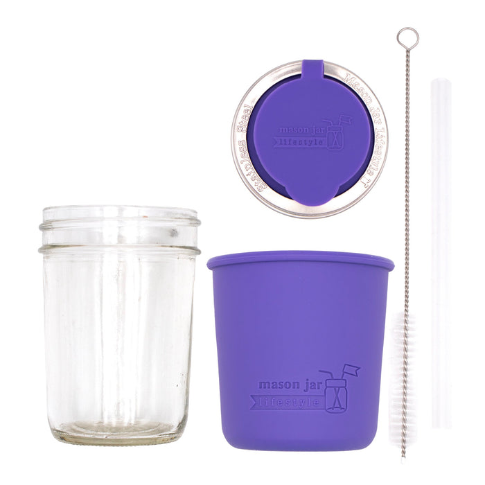 Mason Jar Lifestyle 8oz Half Pint Pop Up Sippy Glass Bottle Half Pint with Silicone Sleeve