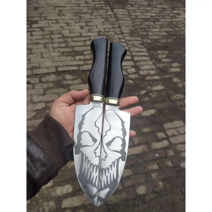 Matched Handmade Knife Pair – Acid-Etched Skull Design | 12-Inch Overall | Black Resin Handles & Brass Bolsters