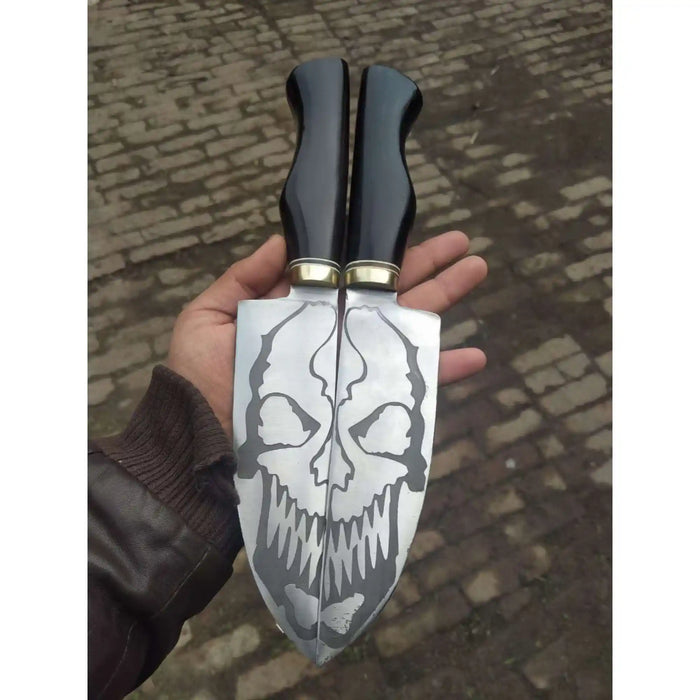 Matched Handmade Knife Pair – Acid-Etched Skull Design | 12-Inch Overall | Black Resin Handles & Brass Bolsters