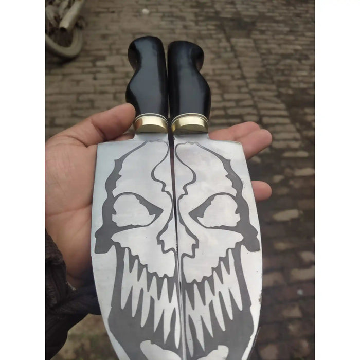 Matched Handmade Knife Pair – Acid-Etched Skull Design | 12-Inch Overall | Black Resin Handles & Brass Bolsters