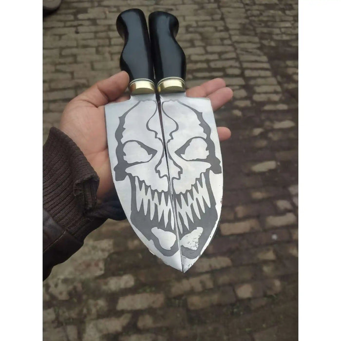 Matched Handmade Knife Pair – Acid-Etched Skull Design | 12-Inch Overall | Black Resin Handles & Brass Bolsters