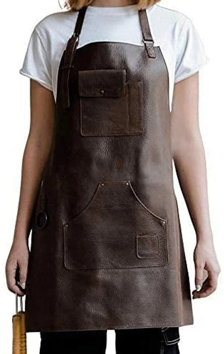 ELW Leather Apron for Kitchen, BBQ, Cooking, Woodworking, Barber, & Crafting - 100% Top Grain Leather - Large Tool Pockets - 3/4 oz Thickness - Adjustable Size M to 2XL