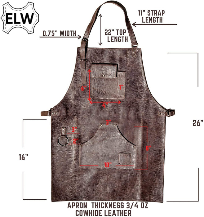 ELW Leather Apron for Kitchen, BBQ, Cooking, Woodworking, Barber, & Crafting - 100% Top Grain Leather - Large Tool Pockets - 3/4 oz Thickness - Adjustable Size M to 2XL
