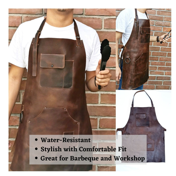 ELW Full Grain Leather Apron-2 Pouch Leather Apron, BBQ Apron, Men and Women's Apron, Kitchen, Cooking, Bartending, One Size