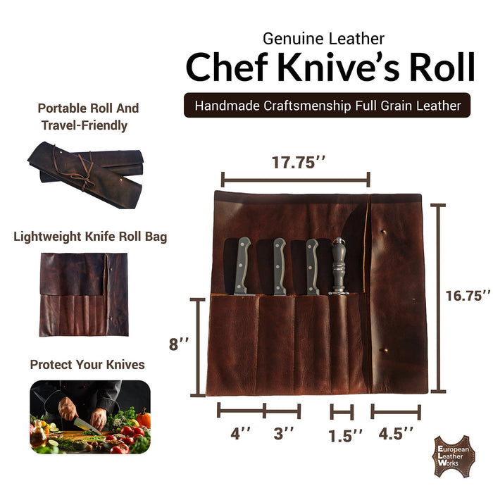 ELW Chef Knife Roll Case, Full Grain Portable Leather Knife Bag, Knife Holder Roll with 5 Pockets, Cooks, & Kitchen Tools Storage, Lightweight & Travel-friendly Cooking Tools Bag