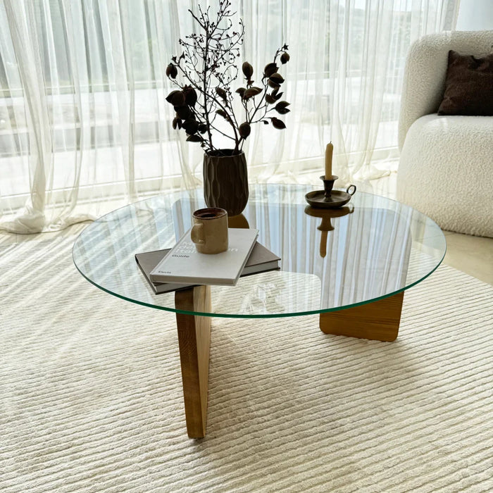 Mia Designer Coffee Table Solid Wood Oak Tempered Glass top