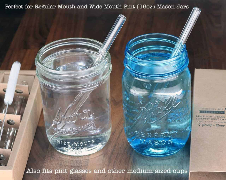 Medium Glass Straws for Pint Mason Jars 4 Pack + Cleaner