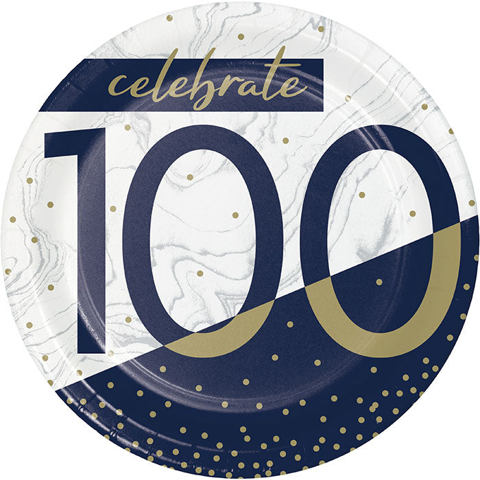 Bulk Navy and Gold 100th Birthday Paper Dessert Plates (96 per Case)