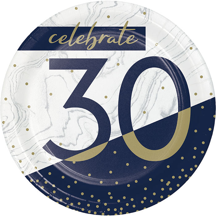 Bulk Navy and Gold 30th Birthday Paper Dessert Plates (96 per Case)